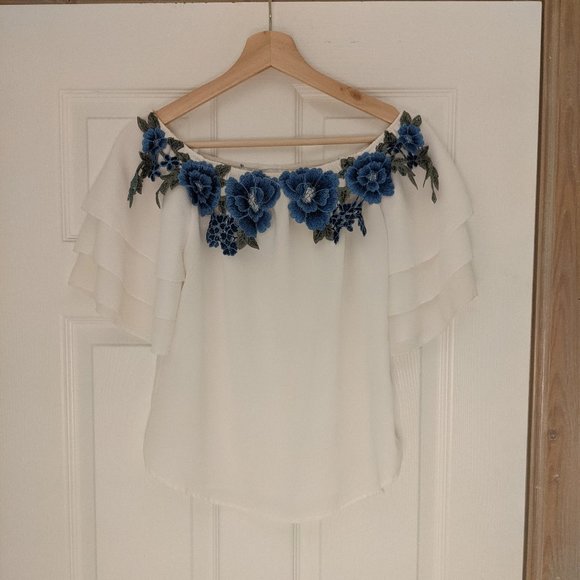 Tops - Blue Floral Off-The-Shoulder Top